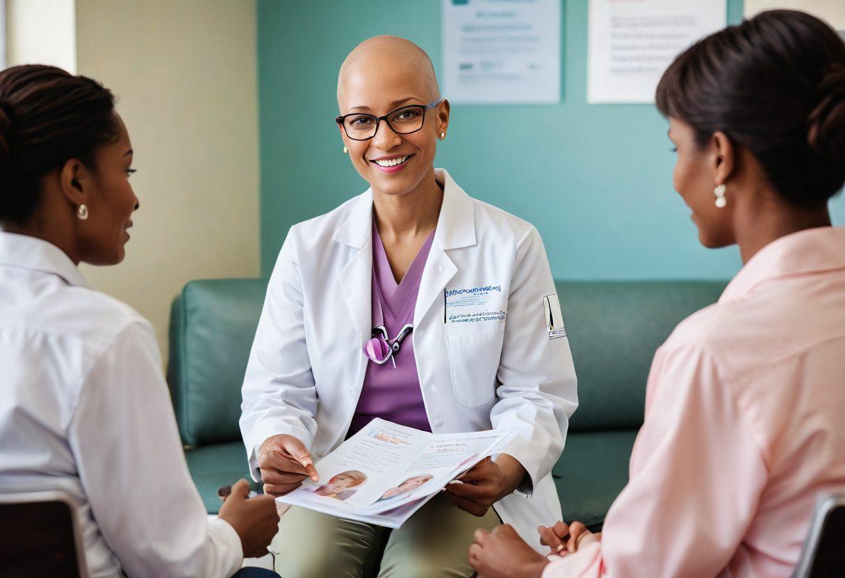 A compassionate healthcare professional guiding a diverse group of cancer patients through a bright, welcoming clinic, highlighting moments of support and empowerment. Visible resources such as pamphlets and supportive materials are scattered around, emphasizing advocacy and hope. Soft, soothing colors create a reassuring atmosphere, while the background features uplifting quotes on resilience. super-realistic. warm tones. inviting setting.