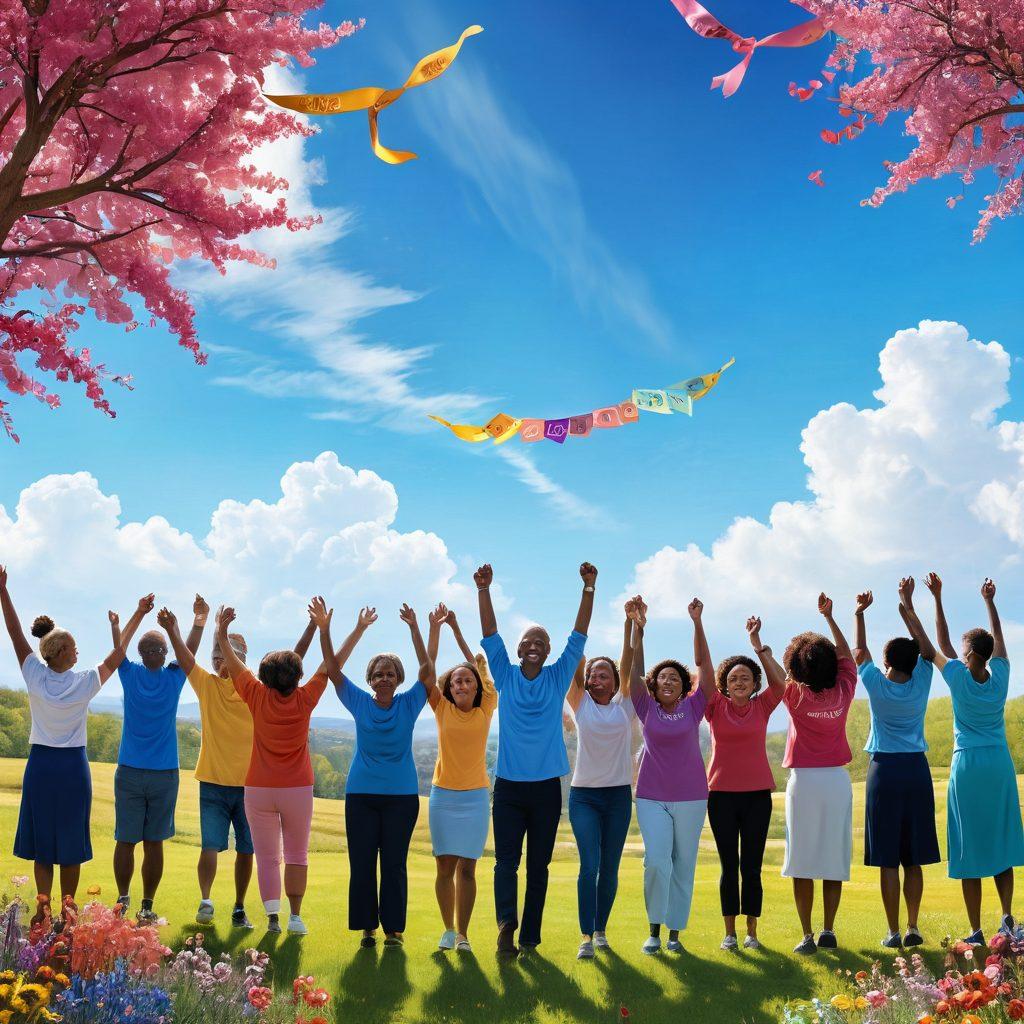 A hopeful scene depicting a diverse group of individuals celebrating their journey from diagnosis to survivorship. Include symbols of empowerment like ribbons and positive words on banners. Show a bright and uplifting background with elements of nature suggesting healing, such as blooming flowers and clear skies. Capture a sense of community and strength among the participants. vibrant colors. 3D.