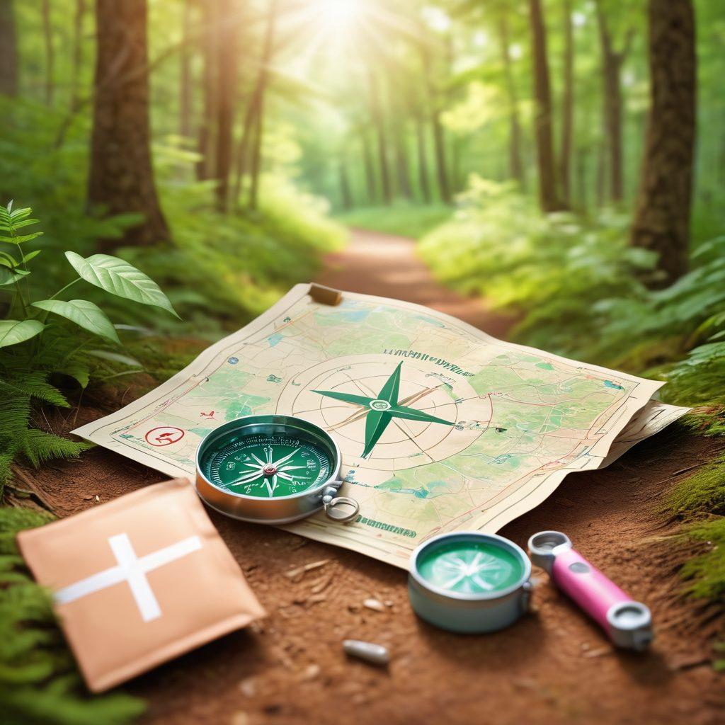 A serene pathway through a lush, green forest representing the cancer journey, lined with tools like a compass, map, and first aid kit symbolizing guidance and support. Soft sunlight filtering through the trees creates a warm, hopeful atmosphere. Include subtle illustrations of healthcare symbols and resources along the path to enhance the narrative. 3D. vibrant colors. soft focus.